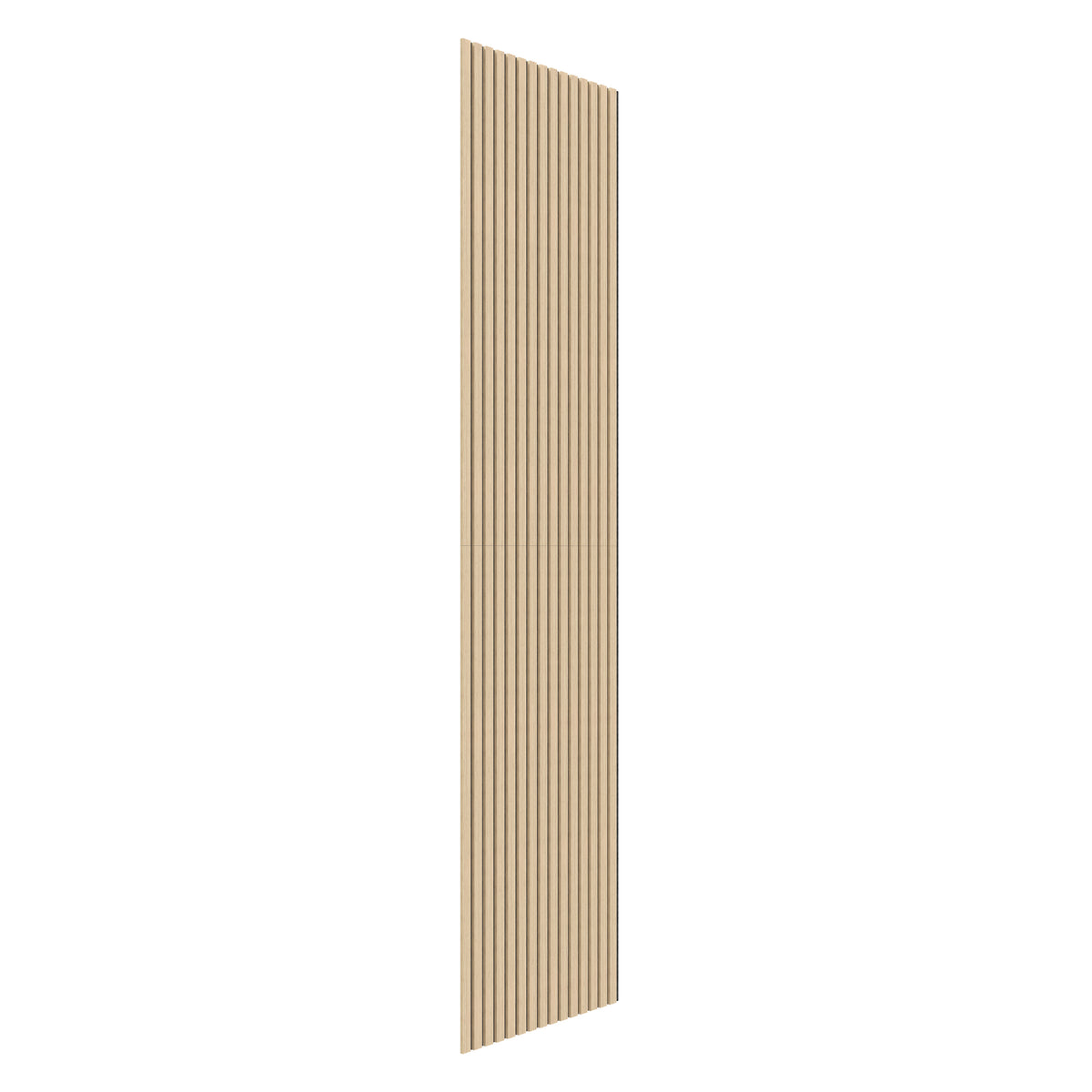A vertical wood slat panel viewed from an angle, showing evenly spaced light-brown wooden slats with shadowed spaces between them, isolated on a white background.