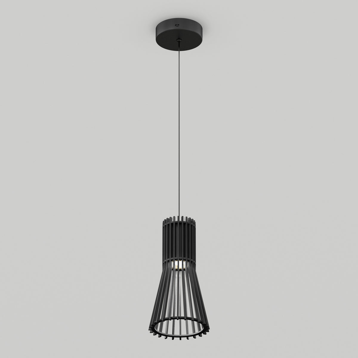 A modern black pendant light fixture with a cylindrical, slatted metal shade hangs from a black cord attached to a round ceiling mount against a plain white background.
