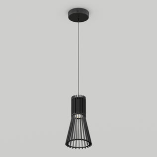 The Artika Kiyo modern LED pendant 3 CCT features a sleek black cylindrical slatted shade, suspended by a thin cord and set against a plain white background.