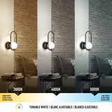 A wall-mounted lamp above a small table is shown with three different light settings: warm white (3000K), neutral white (4000K), and cool white (5000K), demonstrating adjustable white light temperature.