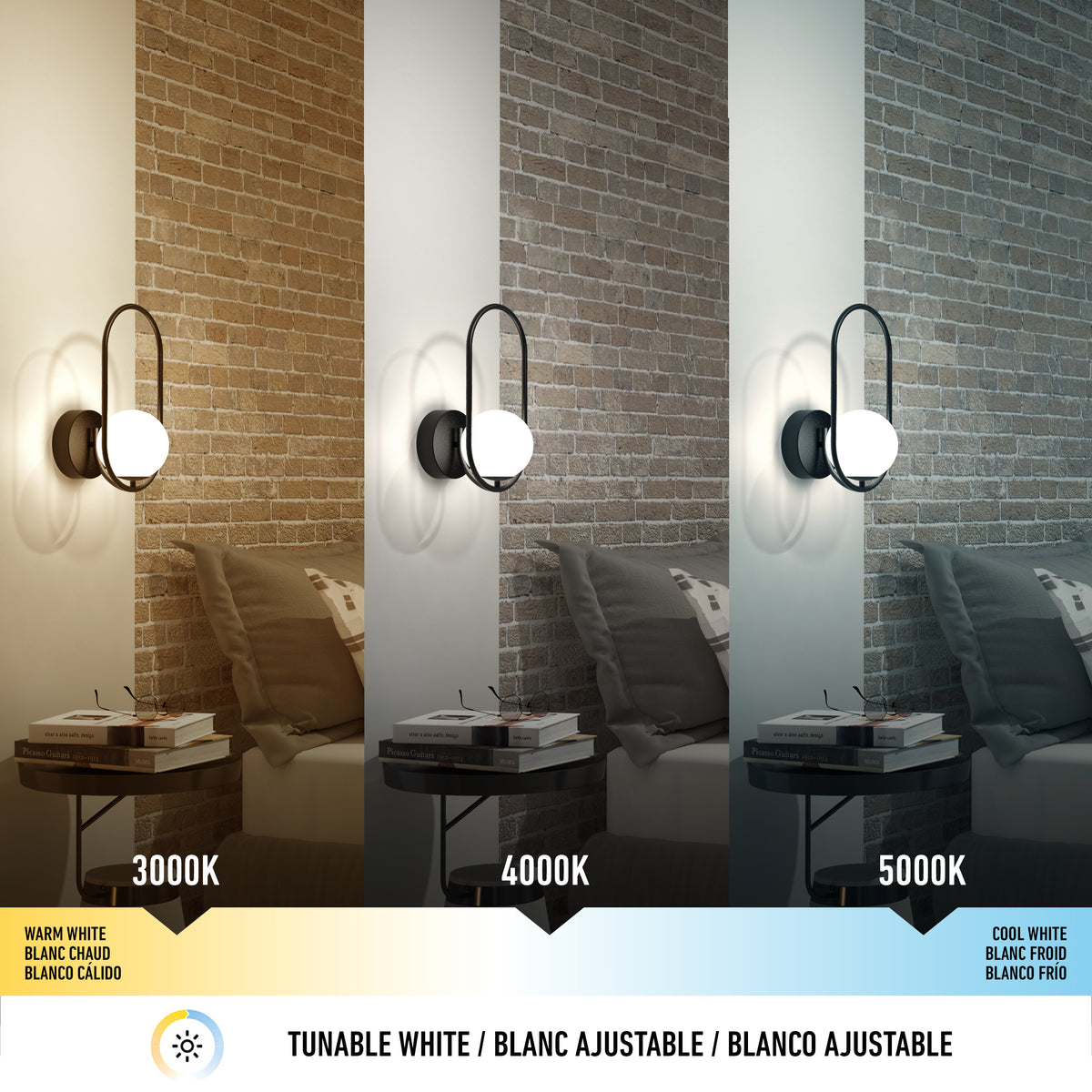 The Artika Bloom LED Sconce 3 CCT is mounted above a small table, shown in warm (3000K), neutral (4000K), and cool white (5000K) settings, demonstrating tunable lighting in a modern room.