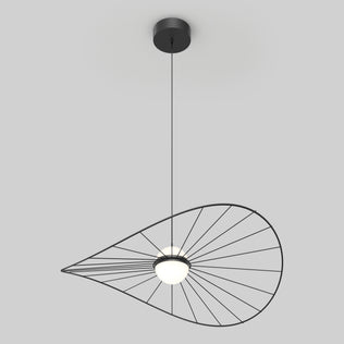 The Tolena LED pendant light 3 CCT by Artika features a circular bulb suspended by a thin cord, with an asymmetrical wireframe shade resembling a stylized leaf or abstract geometric form.