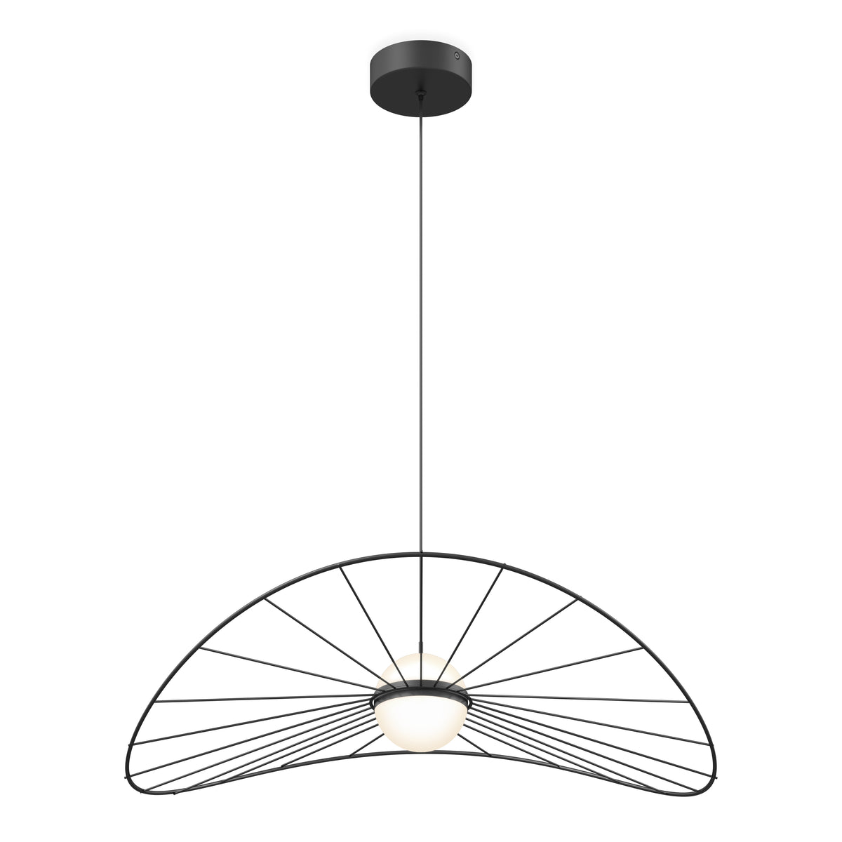 Modern pendant light with a black wireframe semicircular shade, radiating spokes, and a central frosted glass globe; hangs from a black ceiling mount by a single cord.