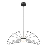 Modern pendant light with a black wireframe semicircular shade, radiating spokes, and a central frosted glass globe; hangs from a black ceiling mount by a single cord.