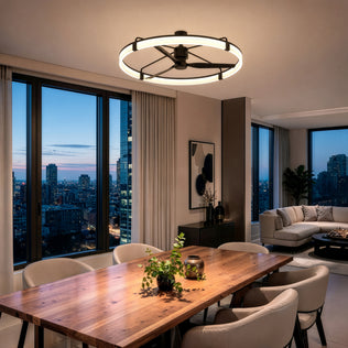 Modern dining room with Sunnyvale 52 in. LED Ceiling Fan by Artika and city view through large windows at dusk.