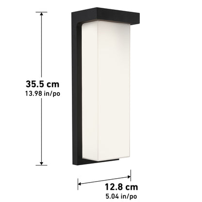 Rectangular wall light fixture with a black frame and white panel, measuring 35.5 cm (13.98 in) tall and 12.8 cm (5.04 in) wide, displayed on a white background with labeled dimensions.