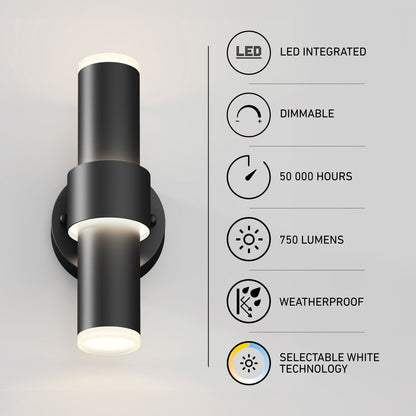 The Artika Dani modern LED indoor-outdoor wall light 5 CCT is a black, cylindrical, wall-mounted fixture with glowing ends, featuring dimmable lighting, 50,000-hour lifespan, 750 lumens output, weatherproof build, and selectable white technology.