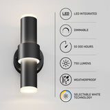 Black cylindrical wall light fixture with illuminated ends and icons highlighting features: LED integrated, dimmable, 50,000 hours lifespan, 750 lumens, weatherproof, and selectable white technology.