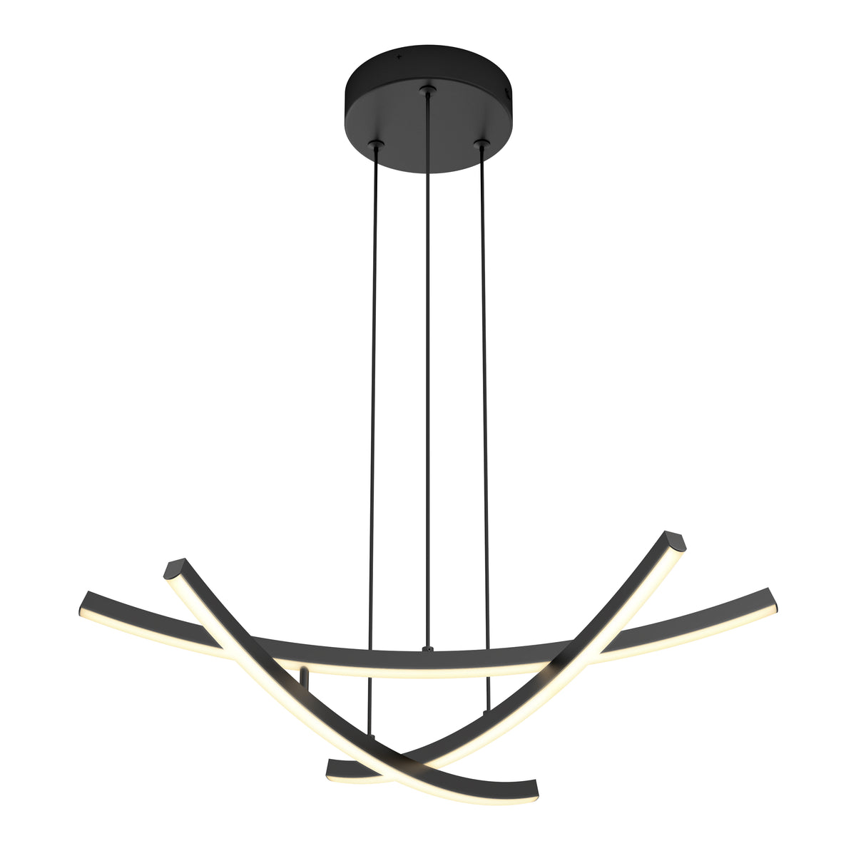 Modern black pendant light fixture with three curved, intersecting LED bars suspended from a round ceiling mount by four thin cables. The LED bars emit a soft, white light.