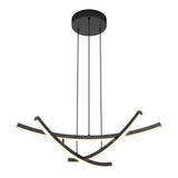 Modern black pendant light fixture with three curved, intersecting LED bars suspended from a round ceiling mount by four thin cables. The LED bars emit a soft, white light.