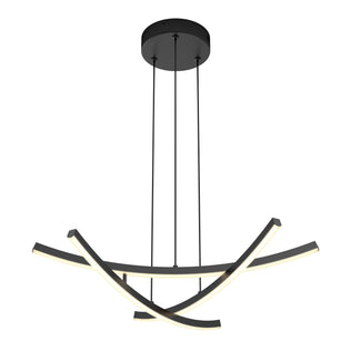 The Artika Orly modern LED pendant light 5 CCT features three sleek, intersecting bars with adjustable color temperature, suspended from a round mount for a contemporary black ceiling fixture emitting a soft, white glow.