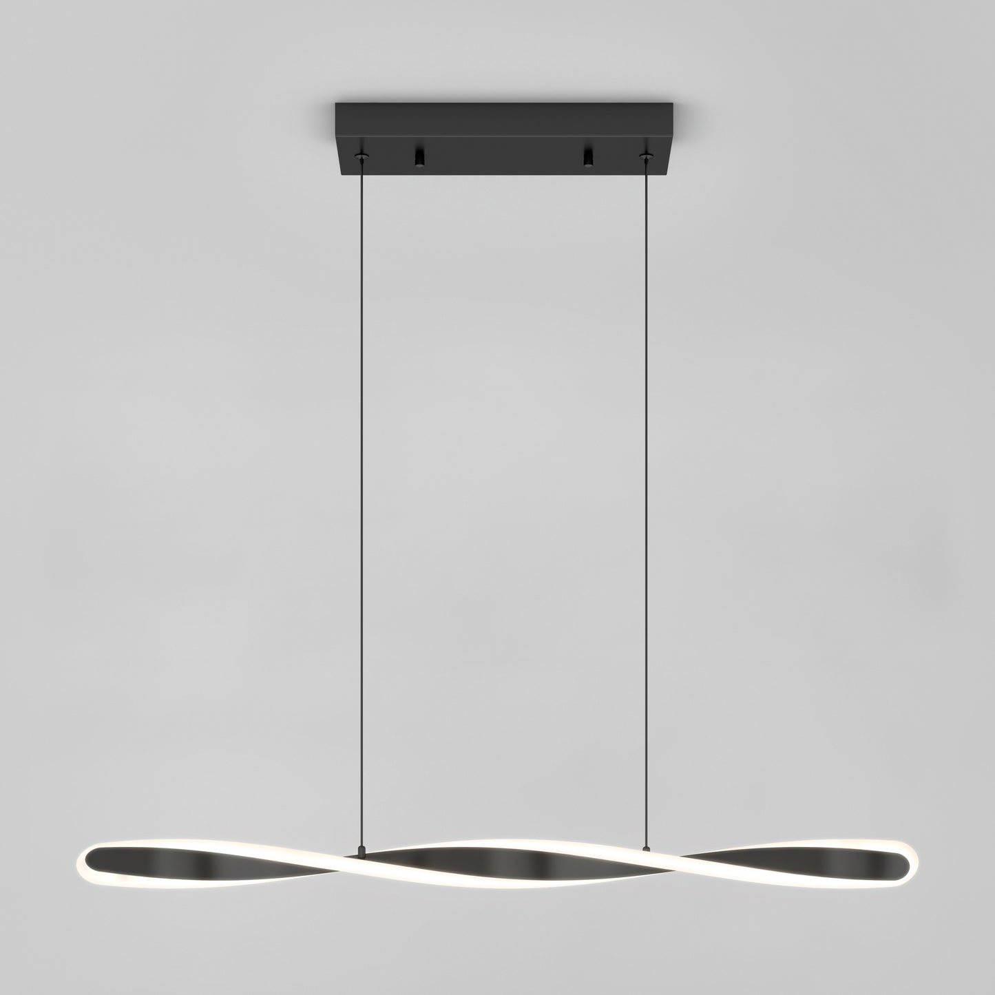 The Artika Finley Linear LED pendant light 3 CCT features a twisted, infinity-shaped design and hangs from two thin black cords attached to a rectangular black base against a plain light gray background.