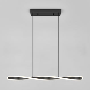 The Artika Finley Linear LED pendant light 3 CCT features a black rectangular ceiling mount with two slim cables holding a sleek, horizontally twisted LED bar, creating a smooth wave design against a plain gray background.