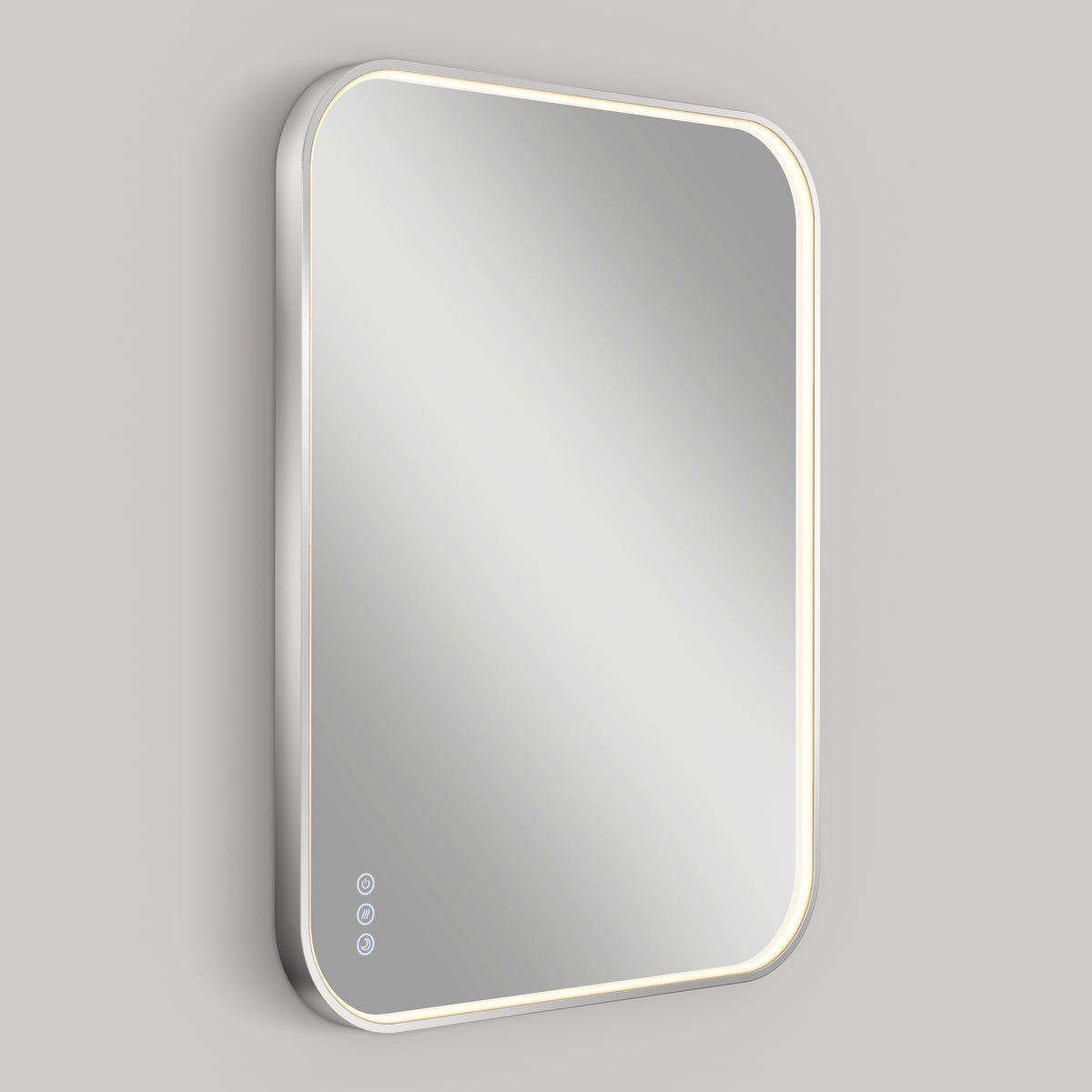 The Artika Royce Dimmable LED Mirror features rounded corners, adjustable 3 CCT lighting, three touch controls on the lower left, and illuminated edges for a modern look. Shown mounted horizontally against a plain gray background.
