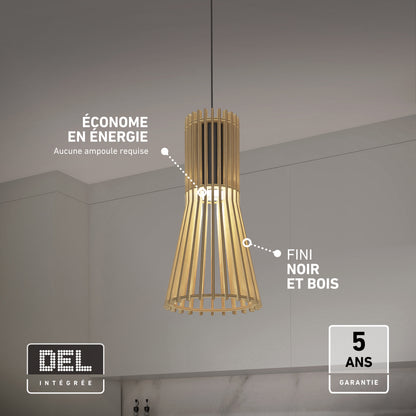 Artika Kiyo modern LED pendant light 3 CCT in slatted wood and black cylindrical finish with integrated LED, energy efficiency, and 5-year warranty.
