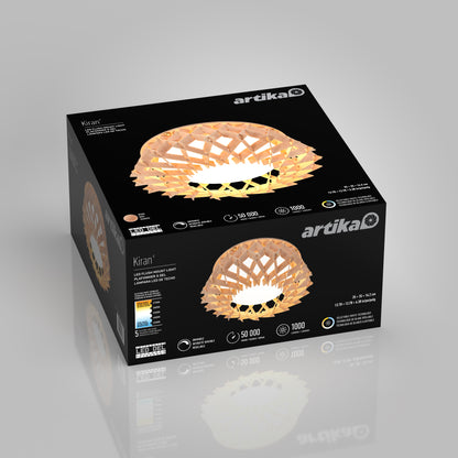 A black Artika box showcases the Kiran 13 in. modern LED flush mount light 5 CCT, featuring adjustable color temperature, long-lasting LED with a 50,000-hour lifespan, and three brightness levels.