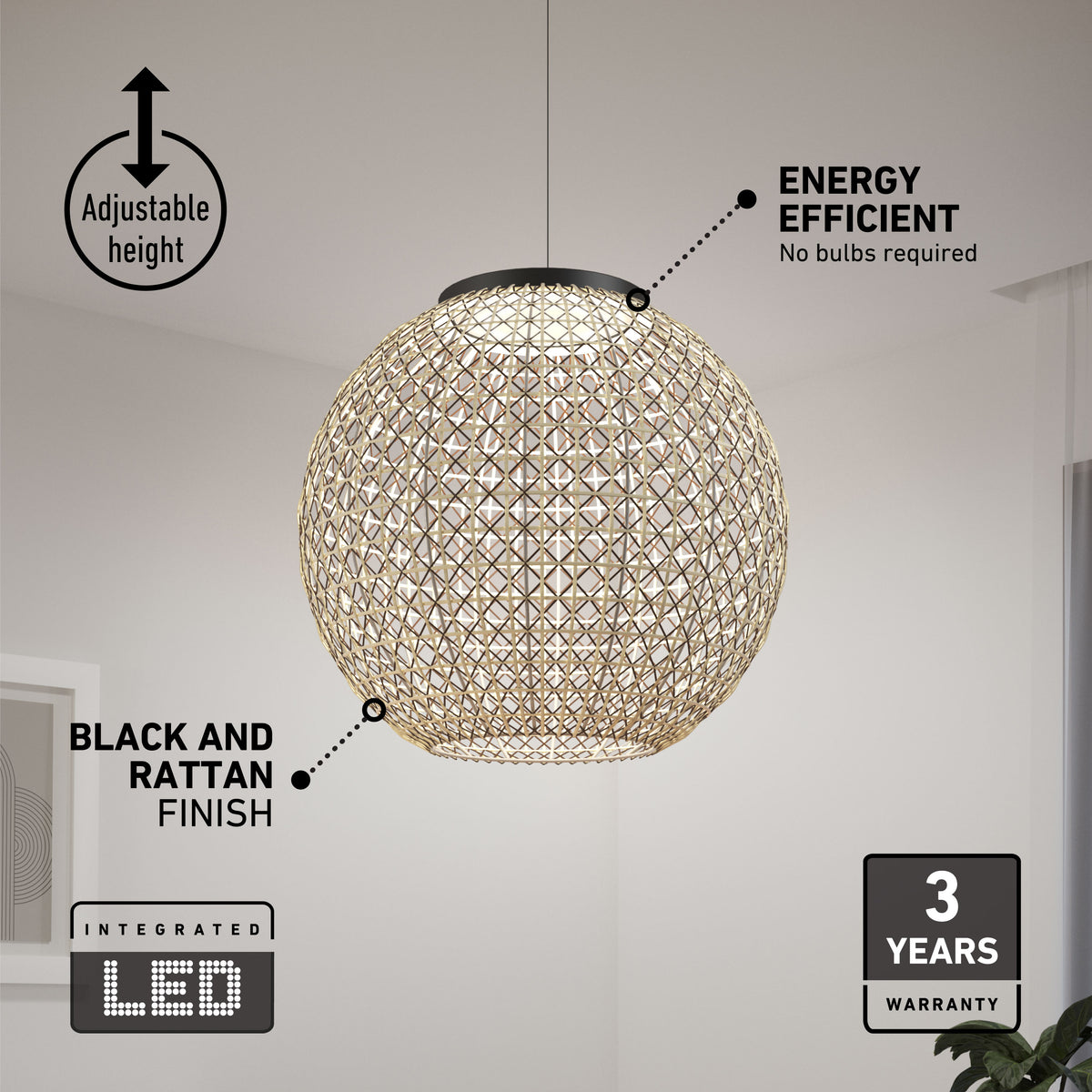 A round pendant light with a black and rattan woven finish hangs from the ceiling. Text highlights its adjustable height, energy efficiency, 3-year warranty, and integrated LED with no bulbs required.