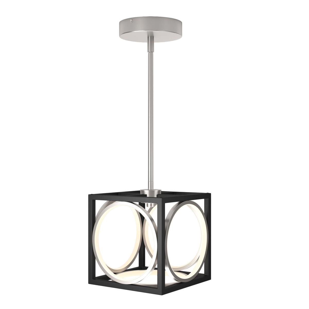 A modern pendant light with a brushed metal ceiling mount, a straight rod, and a black cubic frame enclosing circular LED light rings.