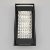 Rectangular wall sconce with a black metal frame and a central panel of faceted, clear crystals that reflect and diffuse light, mounted on a light gray wall.