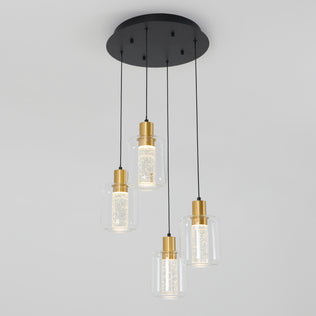 The Artika Champagne Globe 4-light LED pendant features four gold and clear glass lamps suspended at varying heights from a round black mount for a modern ceiling lighting look.