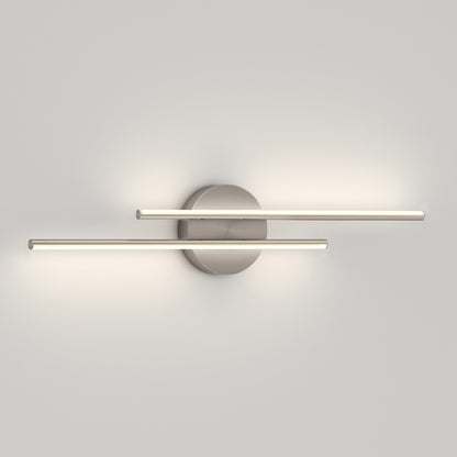 The Artika Cisco modern LED bathroom vanity light 5 CCT features two horizontal, parallel bars on a round base and adjustable color temperature, making it perfect for contemporary bathroom lighting.