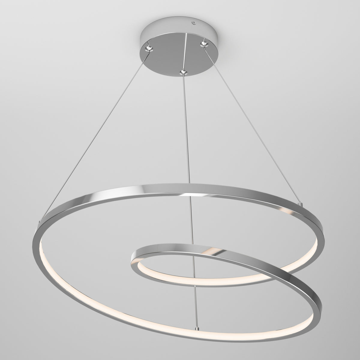 Modern ceiling light fixture with two concentric, spiraling metal rings suspended by cables. The rings have integrated LED lights, emitting a soft white glow. The fixture is mounted on a simple, round ceiling base.