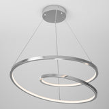Modern ceiling light fixture with two concentric, spiraling metal rings suspended by cables. The rings have integrated LED lights, emitting a soft white glow. The fixture is mounted on a simple, round ceiling base.