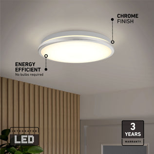 The Artika Vera 13 in. Modern LED Flush Mount Ceiling Light is energy efficient, dimmable, chrome-finished, and needs no bulbs.