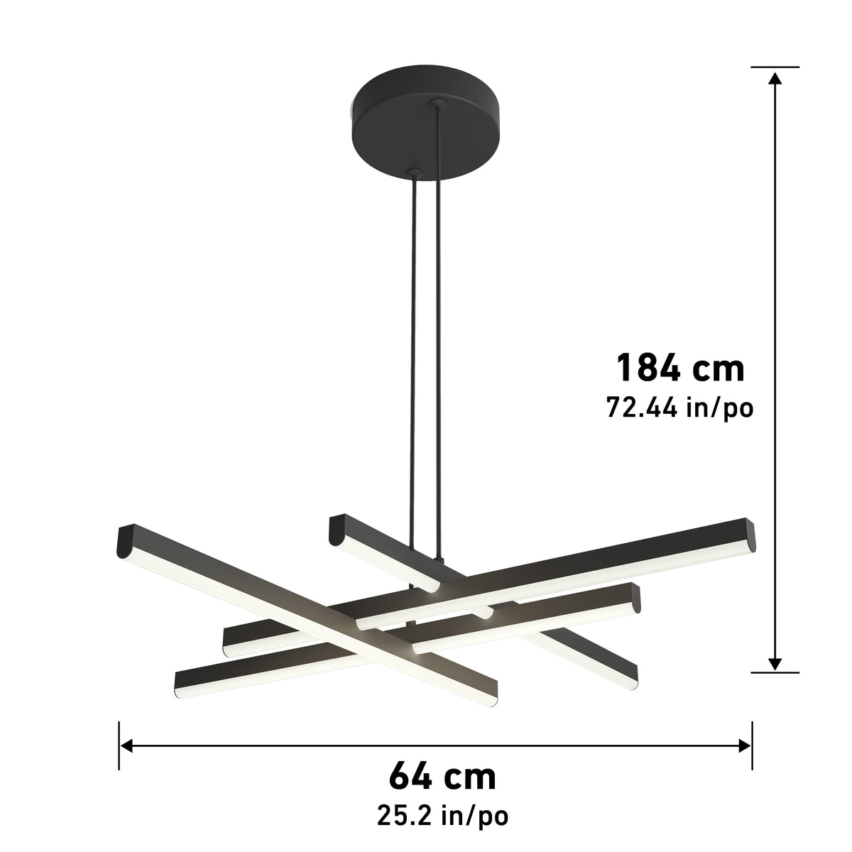 Modern black pendant chandelier with six intersecting horizontal light bars. It hangs from a round black ceiling mount with dual cords. Dimensions are 184 cm (72.44 in) high and 64 cm (25.2 in) wide.