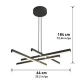 Modern black pendant chandelier with six intersecting horizontal light bars. It hangs from a round black ceiling mount with dual cords. Dimensions are 184 cm (72.44 in) high and 64 cm (25.2 in) wide.