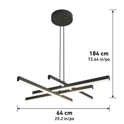 The Artika Grid LED pendant light features a modern black and white design with three intersecting bars, measuring 184 cm (72.44 in) high and 64 cm (25.2 in) wide, perfect as a contemporary chandelier centerpiece.