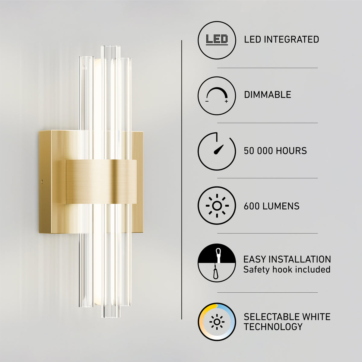 The Artika Dorado contemporary LED wall sconce 3 CCT is mounted on a wall. Icons show features: adjustable color temperature, dimmable, 50,000 hours life, 600 lumens brightness, easy to install, and selectable white technology.