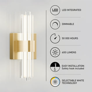 The Artika Dorado contemporary LED wall sconce 3 CCT is mounted on a wall. Icons show features: adjustable color temperature, dimmable, 50,000 hours life, 600 lumens brightness, easy to install, and selectable white technology.
