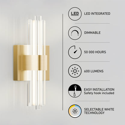 The Artika Dorado LED contemporary wall sconce features a gold rectangular center, vertical LED tubes, selectable white (3 CCT), 600 lumens, dimmable lighting, integrated LEDs rated for 50,000 hours, and easy installation.