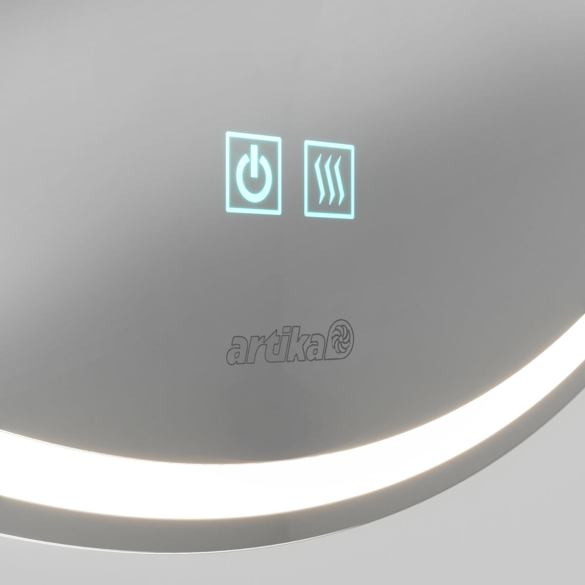 Close-up of a smooth surface with two illuminated touch icons: a power button and a heat or steam symbol. The word artika is printed below, and a curved LED light glows at the edge.