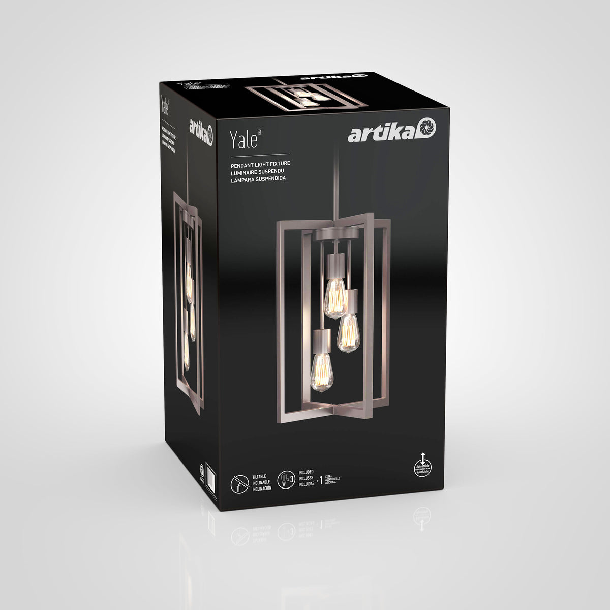 A black Artika Yale pendant light fixture box featuring an image of the geometric metal chandelier with visible bulbs; box displays product name, brand, and icons for technical details.