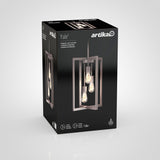 A black Artika Yale pendant light fixture box featuring an image of the geometric metal chandelier with visible bulbs; box displays product name, brand, and icons for technical details.