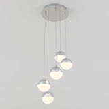 Modern ceiling light fixture with five spherical pendant lights, each half-silver and half-lit, suspended at varying heights from a round chrome base against a plain white background.
