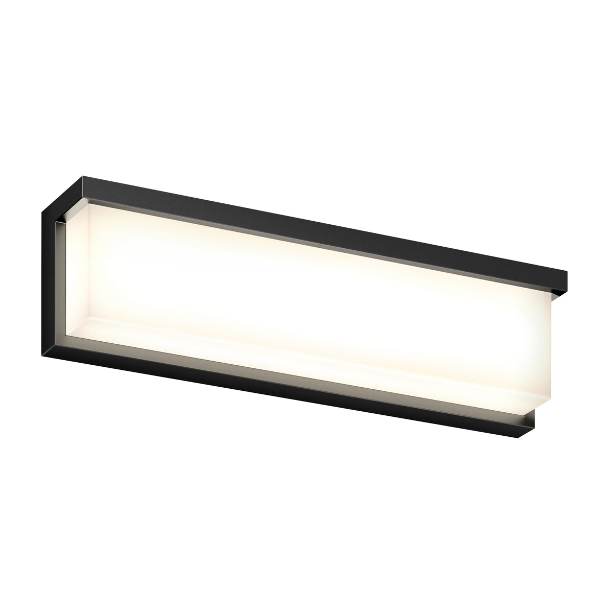 A modern rectangular wall light fixture with a black frame and frosted white panel, emitting a soft, even glow.