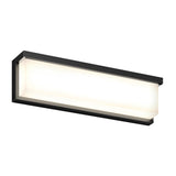 A modern rectangular wall light fixture with a black frame and frosted white panel, emitting a soft, even glow.