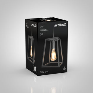 Box with image of Artika Carter 1-light pendant for kitchen island lighting, brand name on gray background.