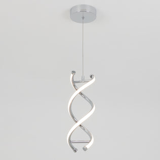 The Artika DNA LED pendant light features two intertwined, illuminated strips in a sculptural twisted design with a chrome finish and integrated LEDs, suspended from a round ceiling mount.
