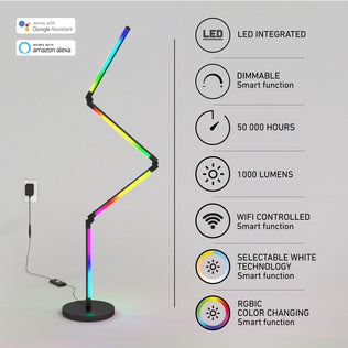 The Artika Fitch smart foldable RGB LED gaming floor lamp features integrated LEDs, dimmable lighting, 50,000-hour lifespan, 1000 lumens brightness, WiFi control, selectable white, and works with Google Assistant and Alexa.