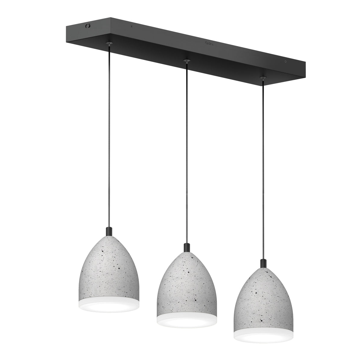 A modern pendant light fixture with three gray, dome-shaped lampshades hanging in a row from a rectangular black ceiling mount. The shades have a concrete-like texture and smooth white diffusers at the bottom.