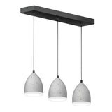 A modern pendant light fixture with three gray, dome-shaped lampshades hanging in a row from a rectangular black ceiling mount. The shades have a concrete-like texture and smooth white diffusers at the bottom.