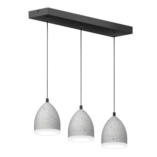 The Artika Bergen 3-light LED pendant features three gray dome-shaped shades suspended in a row by black cords from a rectangular black ceiling mount.