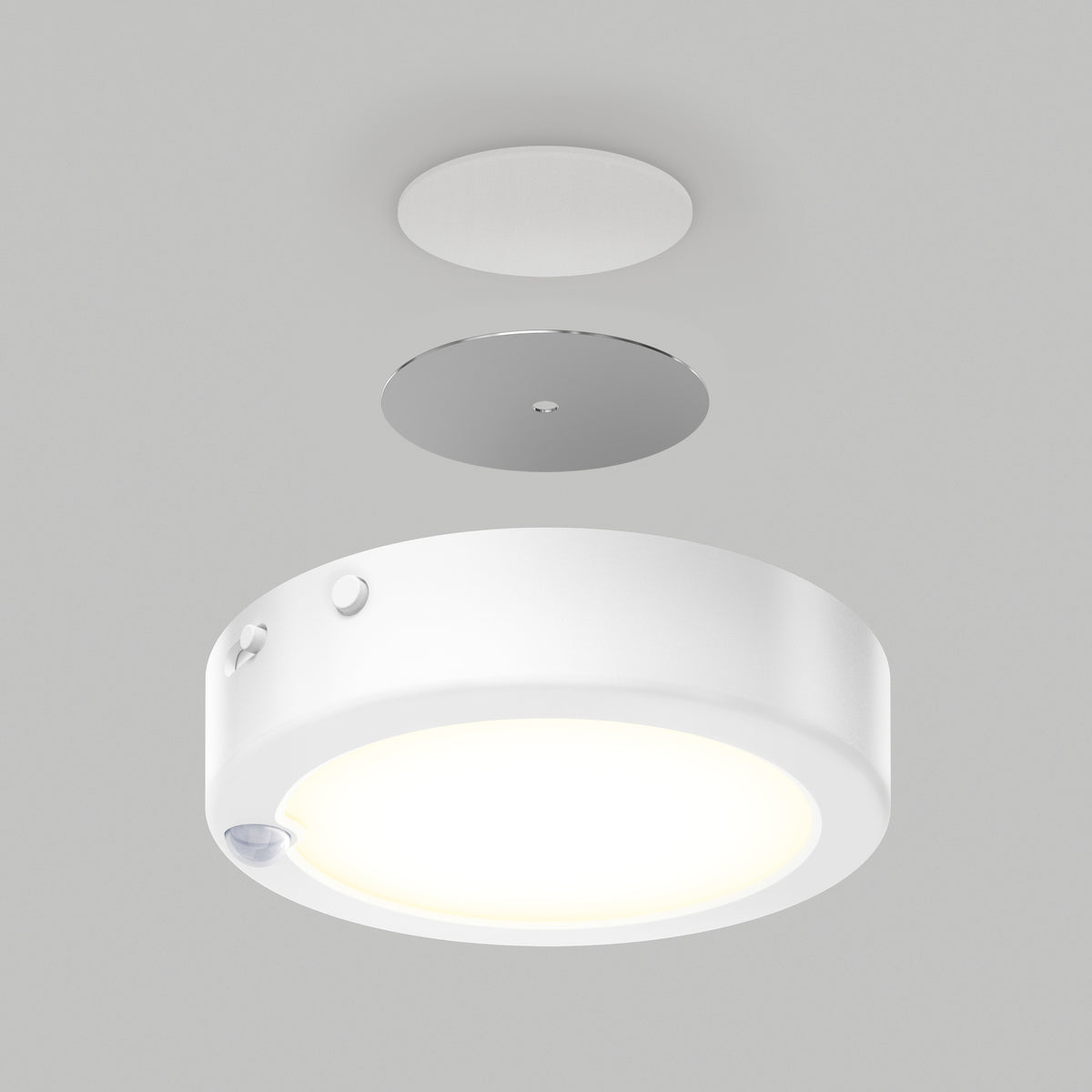 A modern round ceiling light fixture with a white casing, shown below a matching mounting plate and cover, all set against a plain light gray background. The fixture is illuminated, emitting a soft glow.