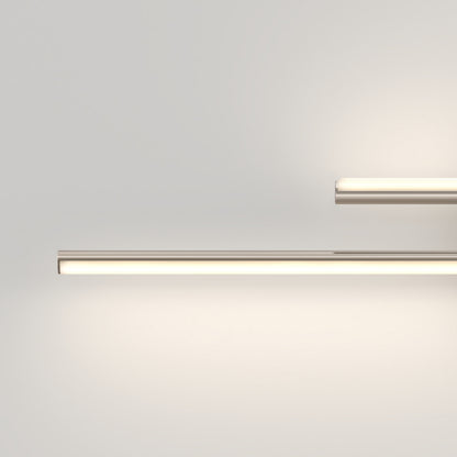 Minimalist image with two Cisco modern LED bathroom vanity light 5 CCT by Artika, mounted parallel at different heights on a plain wall, emitting a soft, warm glow. Adjustable color balance offers ideal lighting for bathrooms.