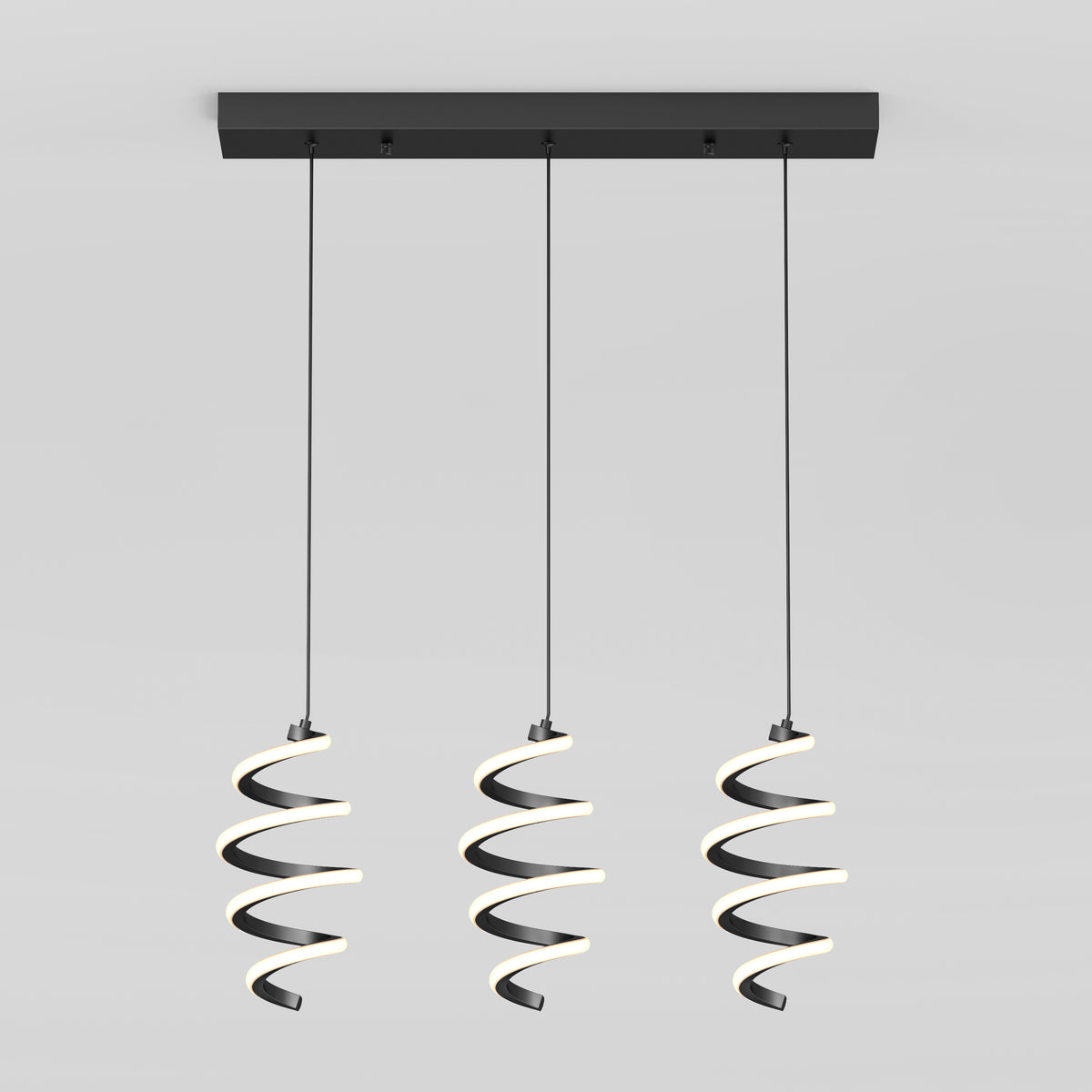 A modern pendant light fixture with three spiral-shaped LED lights hanging from a rectangular black ceiling mount against a plain white background.
