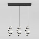 A modern pendant light fixture with three spiral-shaped LED lights hanging from a rectangular black ceiling mount against a plain white background.